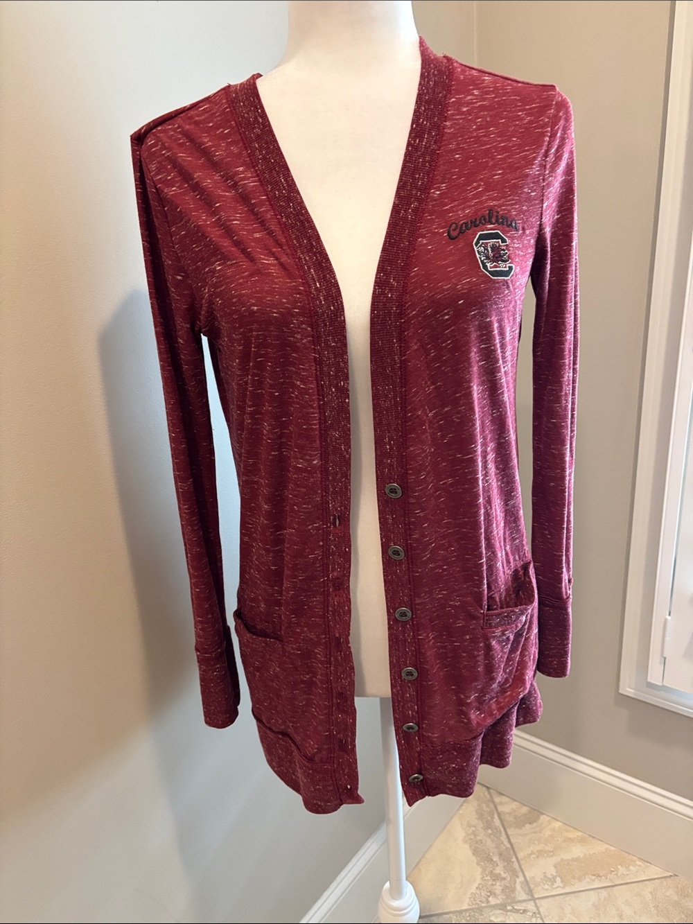 Colosseum Heathered Maroon Button Front V-Neck Cardigan